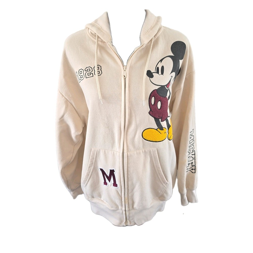 Disney Mickey Mouse Full Zip Hoody XXL Ivory Varsity 1928 Chenille Patch Jacket